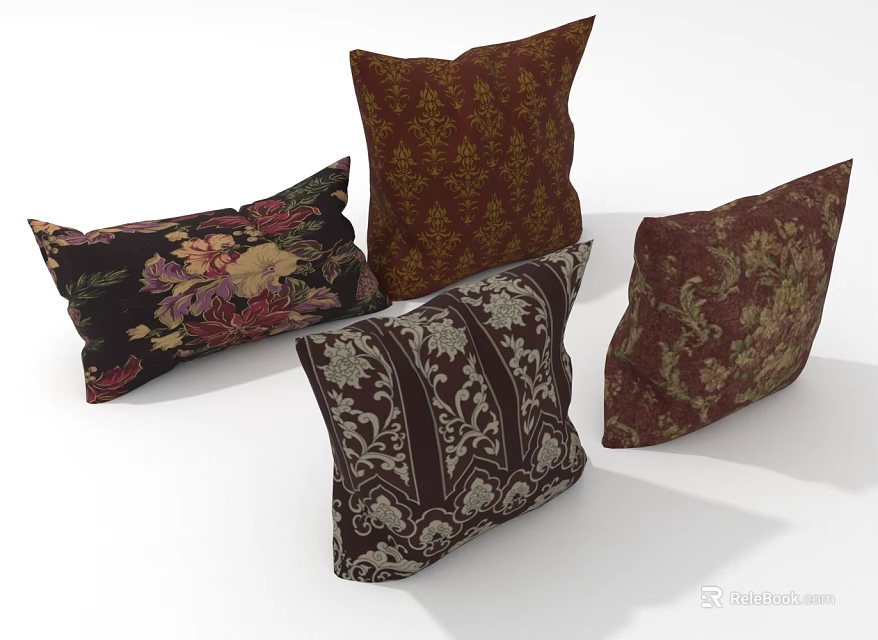 Elegant Decorative Throw Pillows With Floral Patterns And Vintage Stripe Designs 3d model 