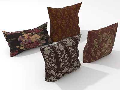Elegant Decorative Throw Pillows With Floral Patterns And Vintage Stripe Designs 3d model