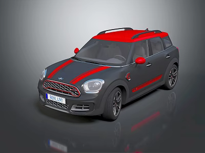 Gray MINI SUV With Red Roof And Sporty Red Stripes On Body 3d model