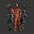 Three Character Models Featuring Prisoner In Orange Jumpsuit Riot Gear Officer And Farmer In Overalls