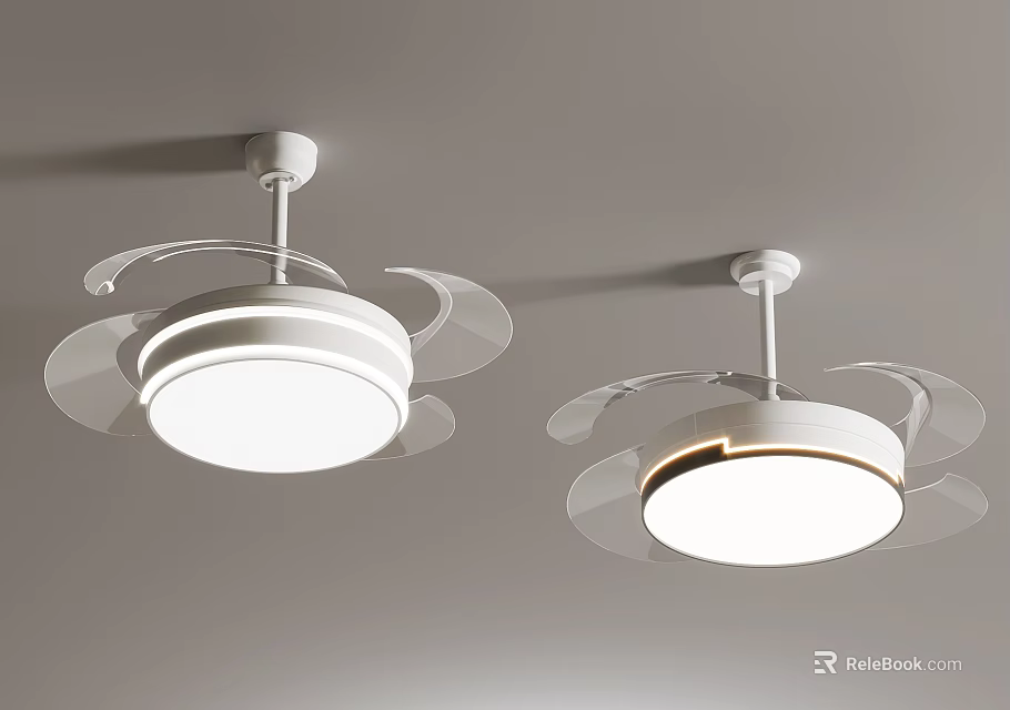 Modern Ceiling Lights With Transparent Blades And White Lampshades On Gray Ceiling 3d model 