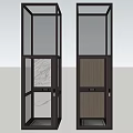 Two Modern Elevators With Glass Doors Metal Frames And Interior Marble Wood Grain Finishes