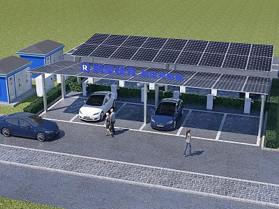 Solar Powered Carport With Panels Covering Paved Parking Area For Vehicles 3d model