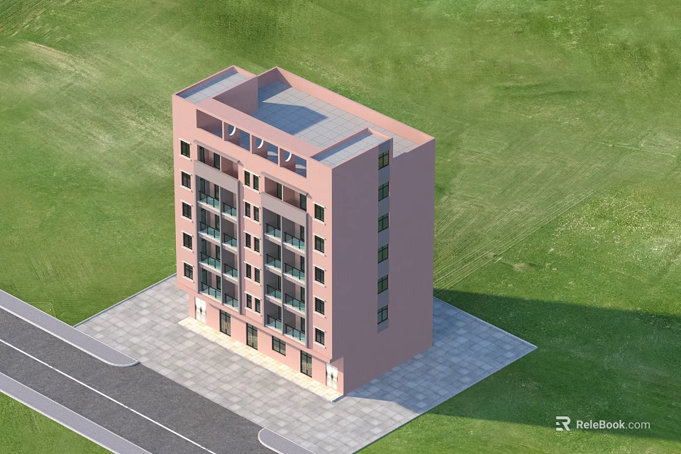 Pink Multi Storey Residential Building With Windows Balconies And Grassland Surroundings 3d model 