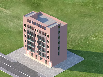 Pink Multi Storey Residential Building With Windows Balconies And Grassland Surroundings 3d model