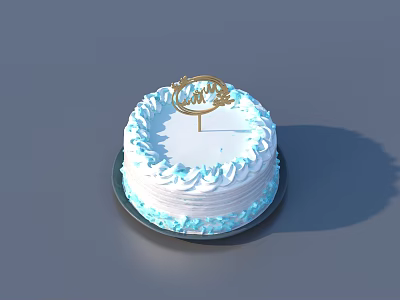 Delicious Round Cake With White Cream Blue Decorations And Golden Happy Topper 3d model