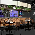 Modern Restaurant Interior With Neon Lights Green Plants Bar Counter And Round Tables
