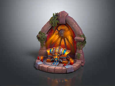 Cartoon Scene With Arched Structure Green Vines Glowing Wheel Character On Cannon Object And Flames 3d model