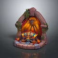 Cartoon Scene With Arched Structure Green Vines Glowing Wheel Character On Cannon Object And Flames