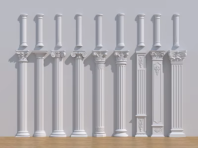 White Roman Columns In Various Styles With White Background And Wooden Floor 3d model