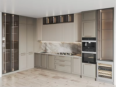 Modern Kitchen Interior With Light Gray Cabinets Marble Countertop Built in Oven And Wine Rack 3d model