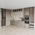 Modern Kitchen Interior With Light Gray Cabinets Marble Countertop Built in Oven And Wine Rack