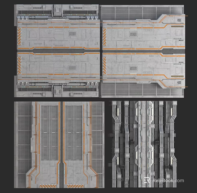 Industrial Modular Metal Panels Featuring Gray Textured Surfaces And Orange Accent Lines 3d model 
