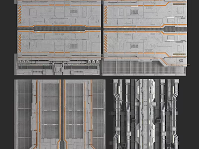Industrial Modular Metal Panels Featuring Gray Textured Surfaces And Orange Accent Lines 3d model