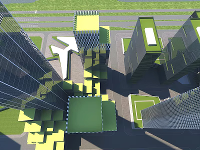 Modern High Rise Office Buildings Featuring Glass Facades And Green Rooftops In Urban Setting 3d model