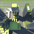Modern High Rise Office Buildings Featuring Glass Facades And Green Rooftops In Urban Setting