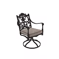 Ornate Metal Frame Leisure Chair With Intricate Carvings Armrests Fabric Seat And Swivel Base