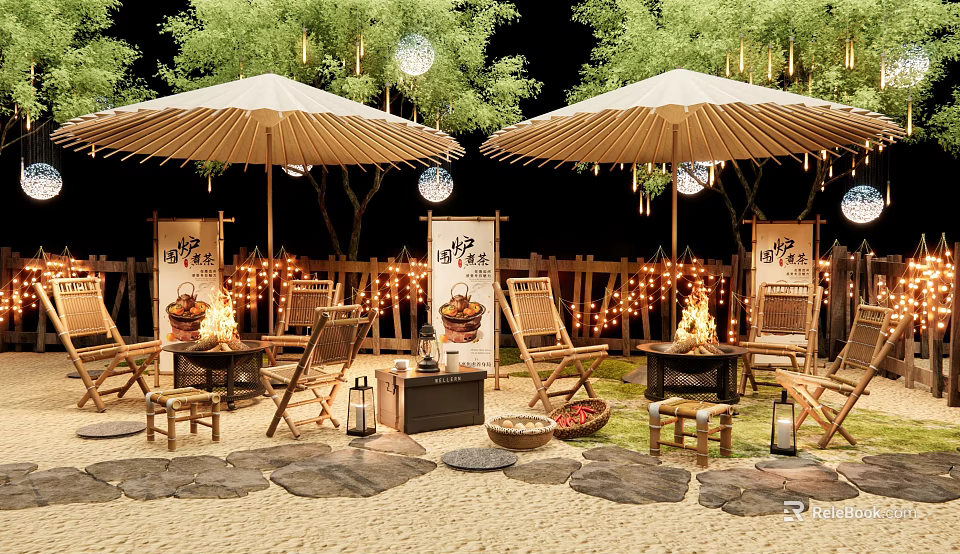 Outdoor Landscape Seating With Wooden Chairs Beige Parasols Fire Pits And String Lights 3d model 