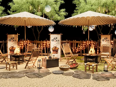 Outdoor Landscape Seating With Wooden Chairs Beige Parasols Fire Pits And String Lights 3d model