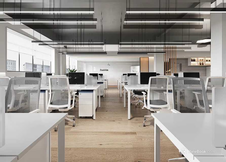 Modern Public Office Space With Open Layout White Desks And Hanging Lights 3d model