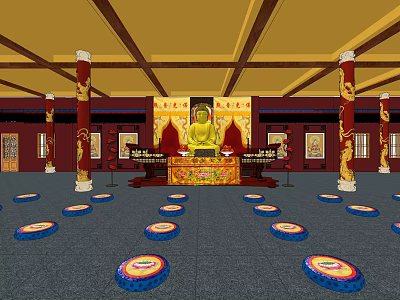 Buddhist Worship Hall Interior With Golden Buddha Statue Red Pillars And Blue Meditation Cushions 3d model