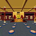 Buddhist Worship Hall Interior With Golden Buddha Statue Red Pillars And Blue Meditation Cushions