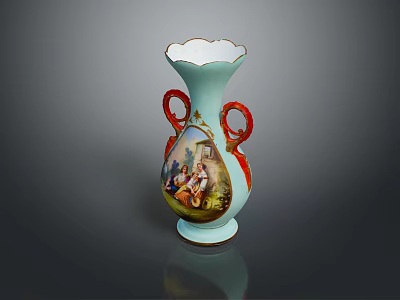 Artistic Light Blue Sculpture Carving Vase With Red Handles And Painted Design 3d model