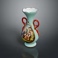 Artistic Light Blue Sculpture Carving Vase With Red Handles And Painted Design
