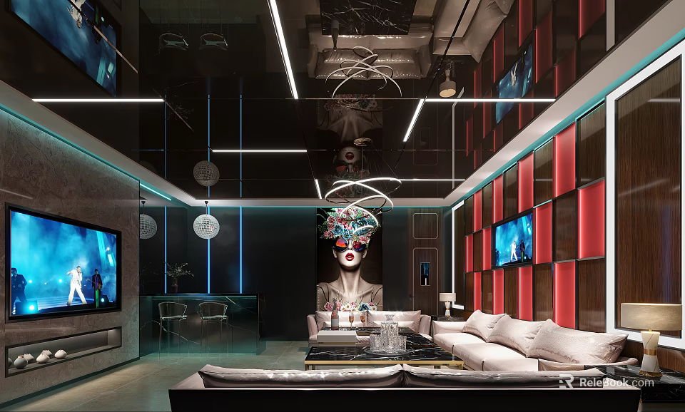 Modern KTV Interior Design With LED Lights Comfortable Sofa TV Screens And Decorative Sculpture 3d model 