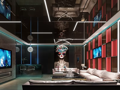 Modern KTV Interior Design With LED Lights Comfortable Sofa TV Screens And Decorative Sculpture 3d model