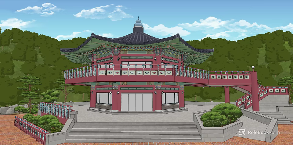 Traditional Ancient Architecture With Multi tiered Black Roof Red Walls And Stone Steps 3d model 