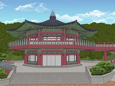 Traditional Ancient Architecture With Multi tiered Black Roof Red Walls And Stone Steps 3d model