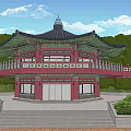 Traditional Ancient Architecture With Multi tiered Black Roof Red Walls And Stone Steps