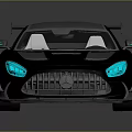 Black Two Door Sports Car With Blue Headlights Rear Spoiler And Silver Stripes