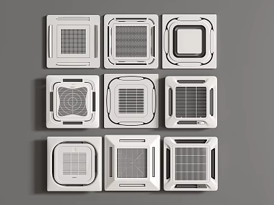 Multiple White Square Air Conditioner Fans With Various Designs On Gray Background 3d model