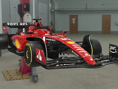 Red Ferrari F1 Racing Car With Shell AWS Logos In Workshop Garage Black Wheels 3d model Red Ferrari F1 Racing Car With Shell AWS Logos In Workshop Garage Black Wheels 3d model