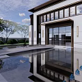 Modern Garden Landscape With White Sculpture Water Pool Reflection And Trees