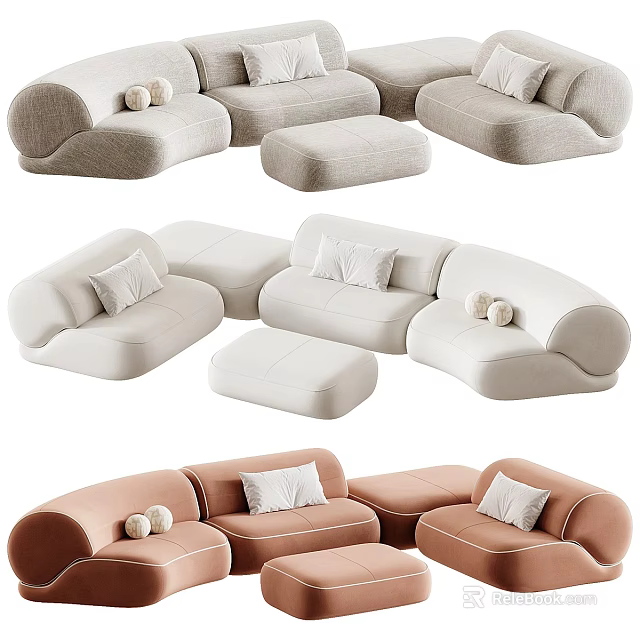 Modern Modular Sectional Sofa With Neutral Blush Tones Throw Pillows And Ottoman 3d model 