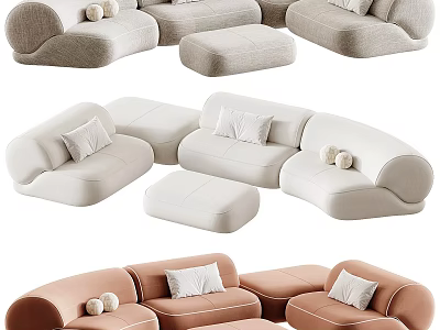 Modern Modular Sectional Sofa With Neutral Blush Tones Throw Pillows And Ottoman 3d model
