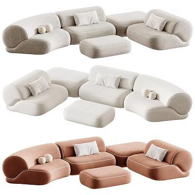 Modern Modular Sectional Sofa With Neutral Blush Tones Throw Pillows And Ottoman 3d model