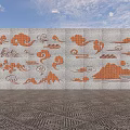 Traditional Wall Featuring Orange Cloud Wave Mountain Patterns On Gray Ground Under Blue Sky 3d model