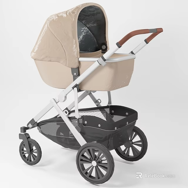 Beige Children's Bed With Brown Handle White Frame Black Wheels And Storage Basket 3d model 