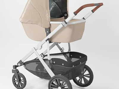 Beige Children's Bed With Brown Handle White Frame Black Wheels And Storage Basket 3d model