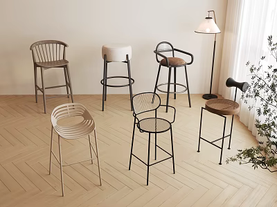 Modern Bar Stools Featuring Various Designs Wooden Seats And Metal Frames In Interior 3d model
