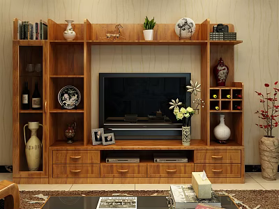 Wooden TV Cabinet with TV Books Decorative Vases Plants Photo Frames and Wine Rack 3d model