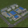 Industrial Plant Complex With Blue Roof Buildings Green Vegetation And Parking Area
