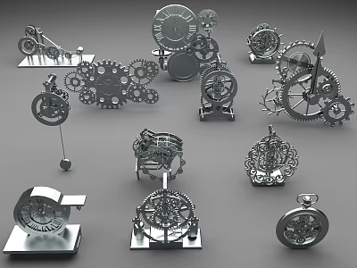 Various Mechanical Clock Designs With Intricate Gear Systems And Decorative Metal Frames 3d model