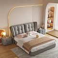 Beige Upholstered Double Bed in Modern Cozy Bedroom with Nightstand and Lit Wall Niche