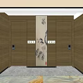 Elevator Hallway With Wooden Walls Decorative Paintings Numbered Doorplates And Patterned Floor Tiles
