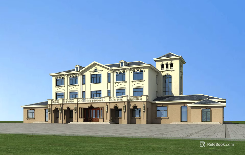 European Style Architecture Exterior With Classical Design Arched Windows And Tower 3d model